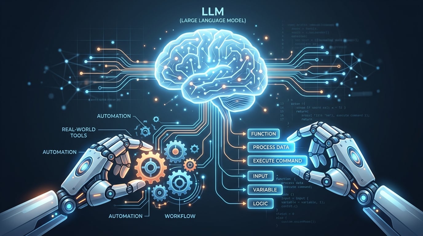 A clean, modern conceptual illustration showing a glowing digital brain representing an LLM connected via glowing data lines to a pair of robotic or digital hands manipulating code blocks and gears, representing real-world tools. Minimalist tech aesthetic with light blue and soft orange accent colors.
